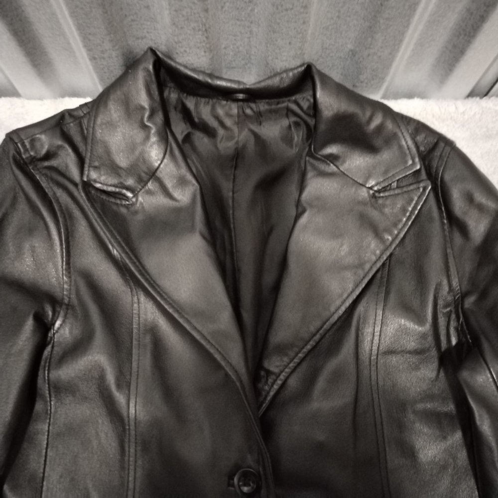 VTG C&A Jacket Women 14 Black Nappa Leather Trench Coat Long Leg Slit Steampunk - Picture 11 of 16